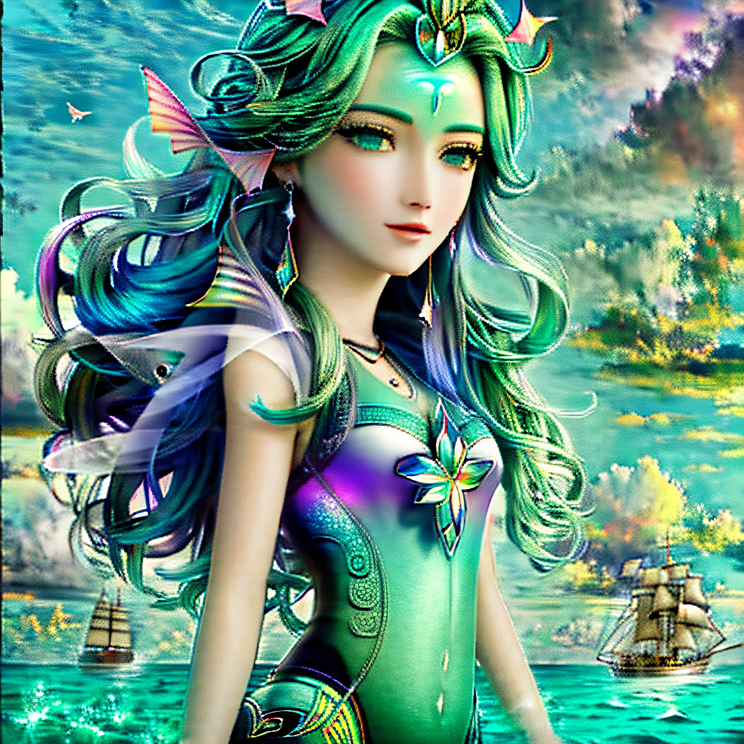 SIRENAS，el mar，k hd，cielo coloreado，es la cara perfecta，ilustración