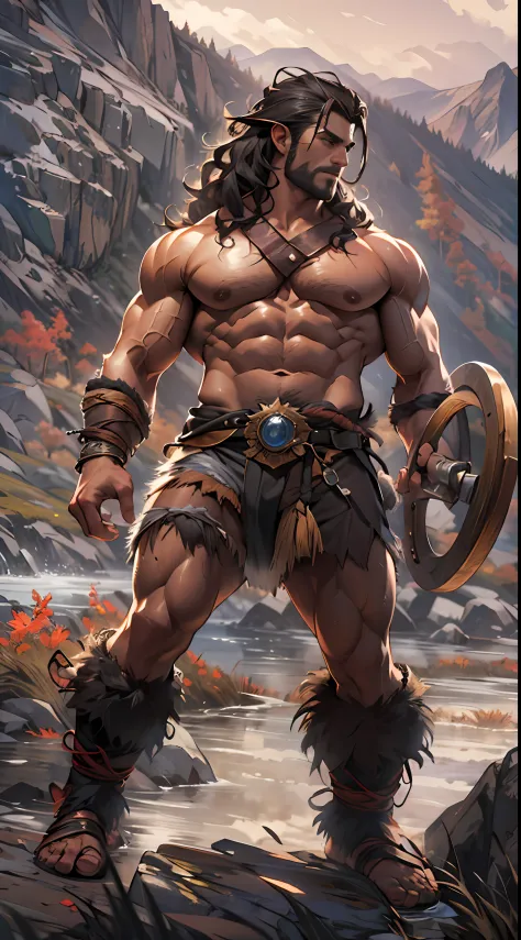 Muscular barbarian, upper body unclothed, legs uncovered from thighs to feet, flowing long curls, detailed muscular physique, lifelike representation, 4K resolution. Background: Wild untamed wilderness with rugged mountains,32k uhd, best quality, masterpie...