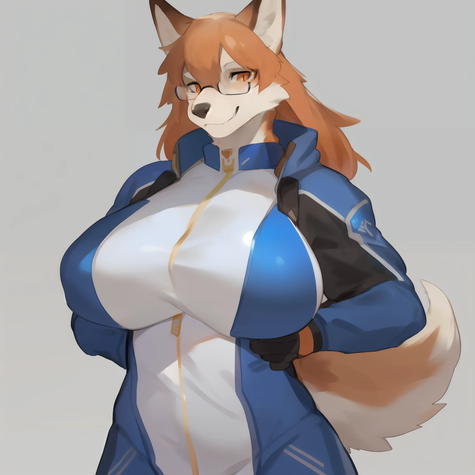 Solo, standing, female, big breasts, canine, white fur, orange eyes, orange hair, glasses, muscular, blue military spacesuit, By bebebebebe, by buta99, by chunie, by sonsasu, by danza