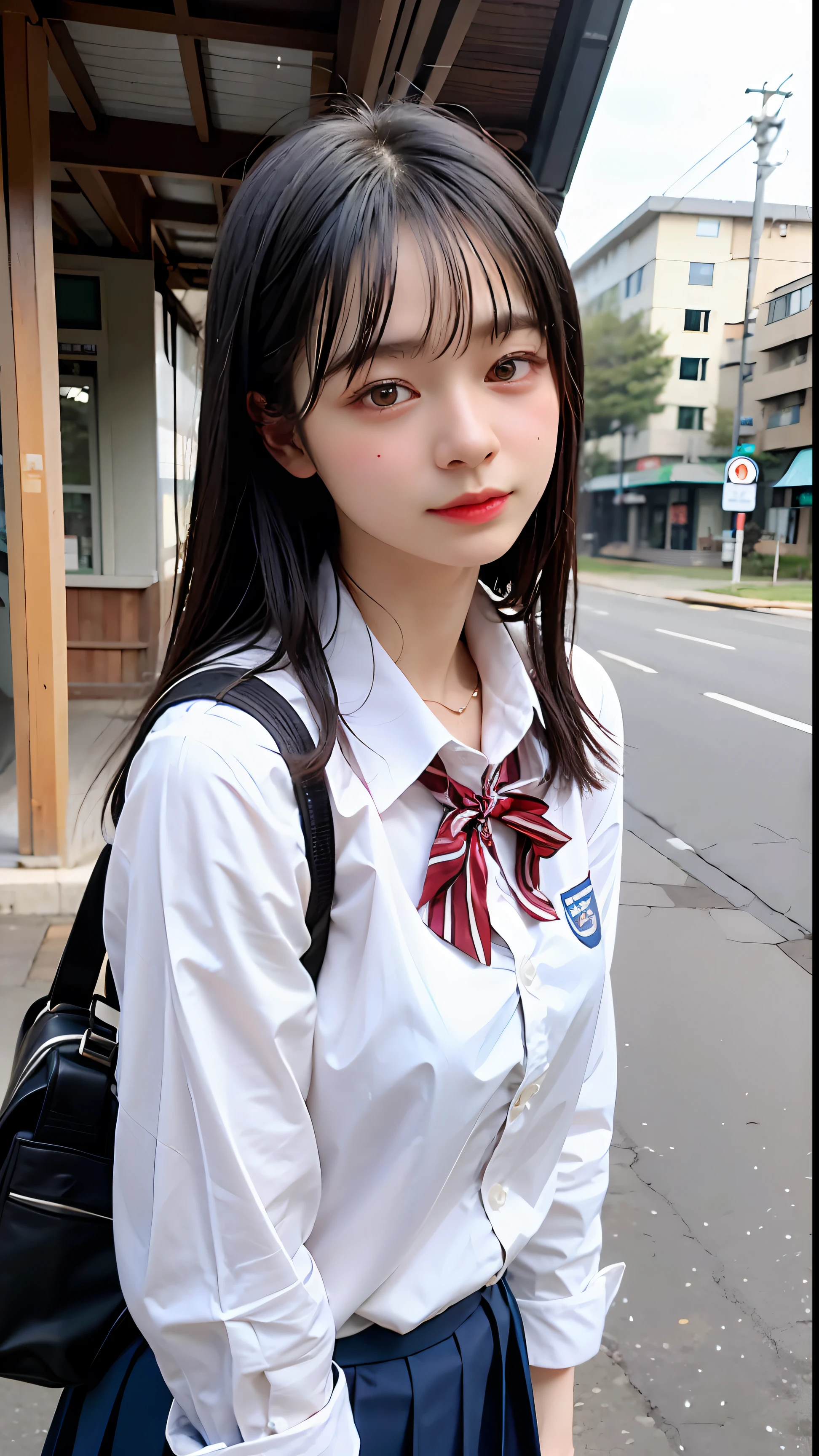 ((top-quality、​masterpiece))、Raw photography、8K、top-quality、 超A high resolution、Beautiful face in every detail、Realistic human skin、Gentle expression、front-facing view、Farbe々From an angle、length hair、realisitic、Photorealsitic、cute little、a short skirt、cute school girl、Japan schoolgirl wearing uniform、Surreal High School Girl、outside of house、wrist watch、(Sateen:1.4)、a necklace、getting wet、I see underwear、Wet clothes、shelter、School bag、wetting hair、Bus stop、station、Under the roof、Suny、