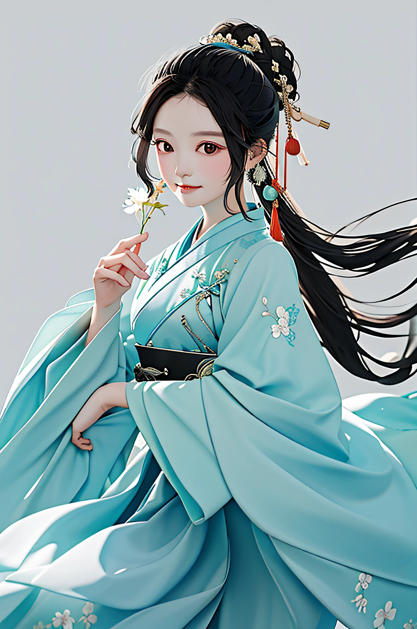 Best quality at best，
1girll，独奏，hair adornments，hairflower，Chinese style clothes，jewely，Hanfu，shift dresses，Wide sleeves，Hand fan，longer sleeves，Hold the，Keep one's mouth shut，hair-bun，
Rack animals，balck background，entire body image，Front lens，white backgrounid