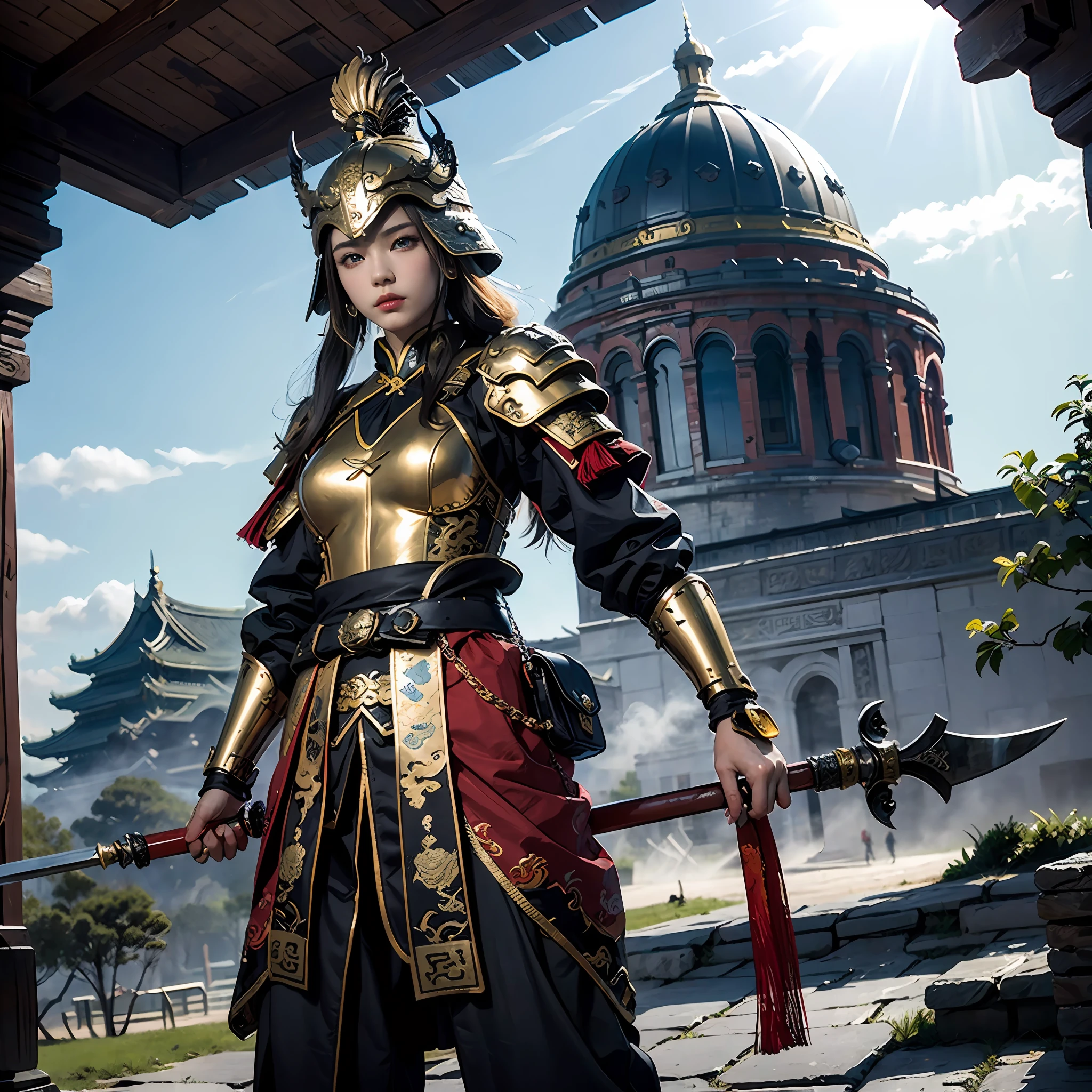 in a panoramic view，sportrait，photorealestic，Army style，China-style，Blue sky, White clouds and steppe，Beautiful Chinese female warrior，Gold glossy armor，Armed belts，Dragon helmet，Wear a Chinese sabre，Fang Tian drew a halberd，Before the ancient city of China，face to the viewer，Perfectcomposition，professinal，Meistwick，commissioned，best qualtiy，color corrected，After fixation，Retouching，Improvement，Epic，Tone-mapping，the detail， highly  detailed， digitial painting， art  stations， Conceptual map of the long dam， Smoothness， Sharp focus， Beautiful illustration， photore， The light from the back window is backlighted， 动态照明， Mist， 复杂， cinematic grain， professinal， face to the viewer，（Beautiful m3d_woman， Perfect M3D_face,）， Volumetriclighting， subsurfacescattering， Good highlights， Good shadows， cinematic ligh