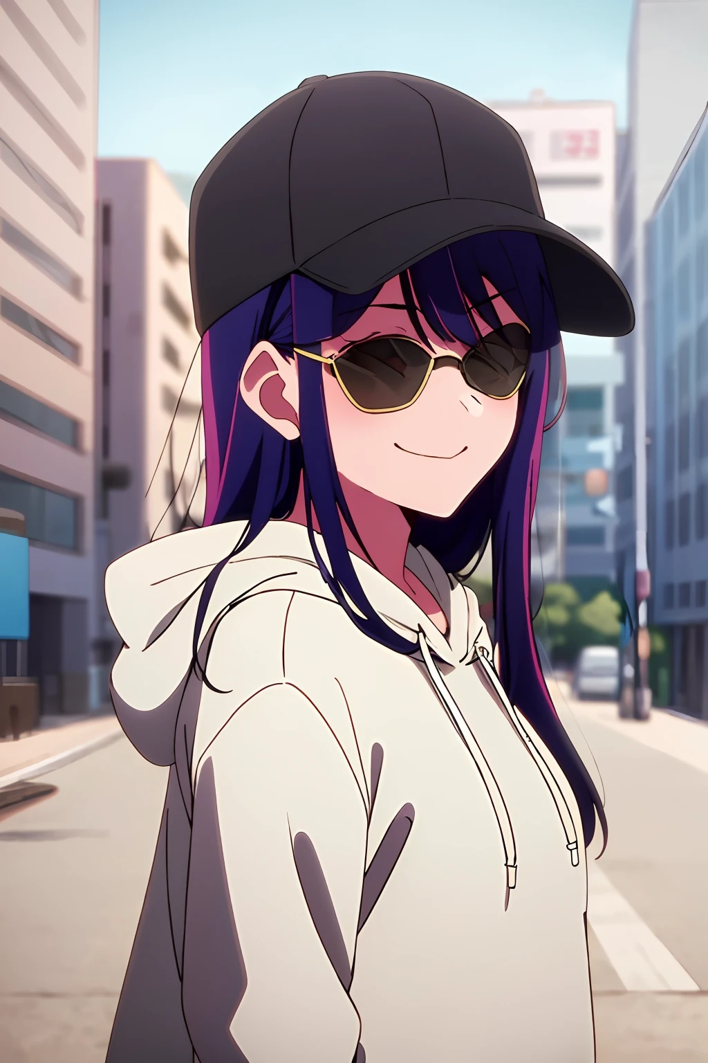 ​masterpiece、ighly detailed、(1 girl in:1.2)、purple color  hair、White hoodie、big eye、a closeup、A smile、8K、Ai Hoshino、Black hat((caps))、(((Black sunglasses)))one with、Blindfold