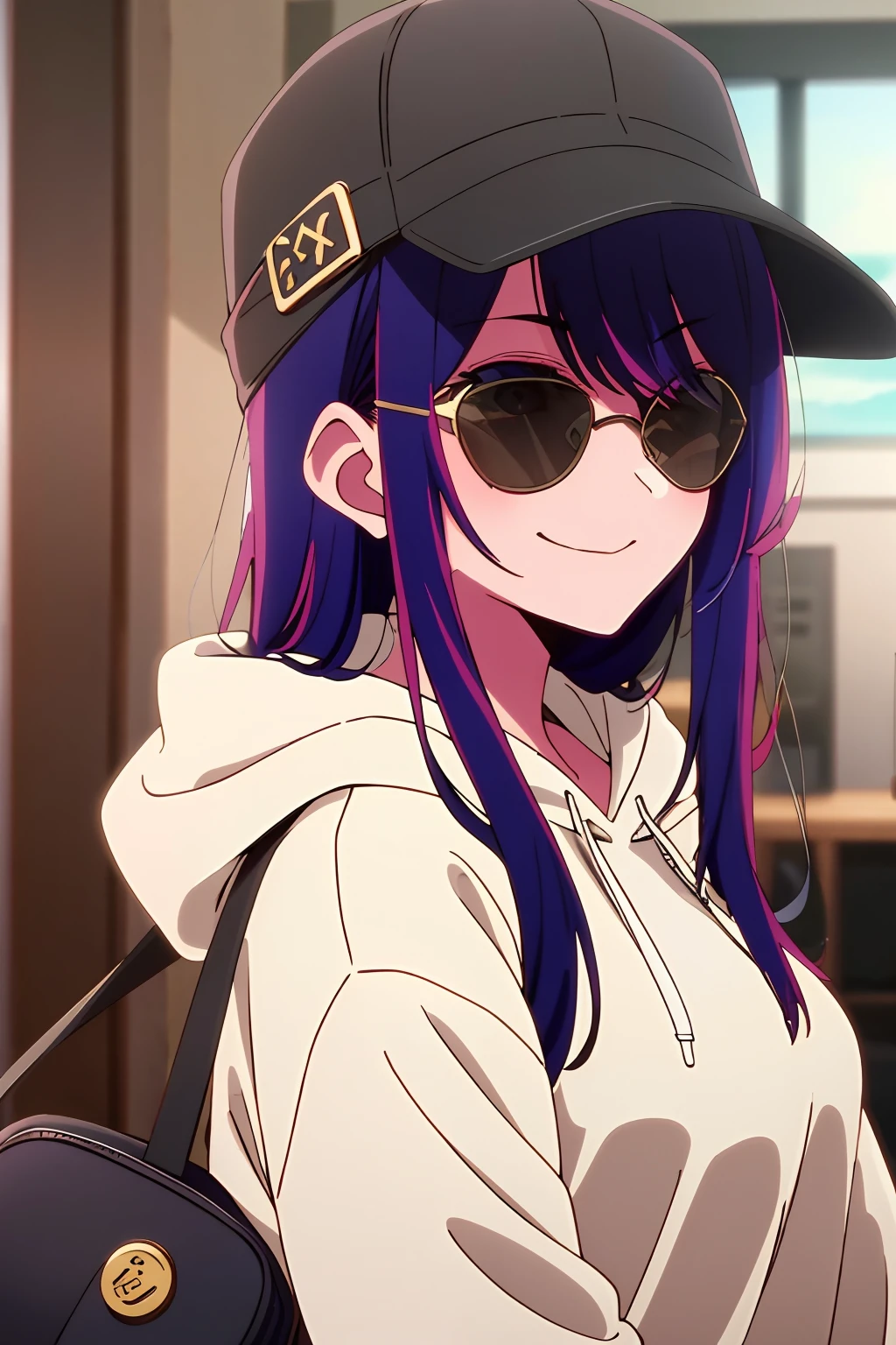 ​masterpiece、ighly detailed、(1 girl in:1.2)、purple color  hair、White hoodie、big eye、a closeup、A smile、8K、Ai Hoshino、Black hat((caps))、(((Black round sunglasses)))one with、Blindfold