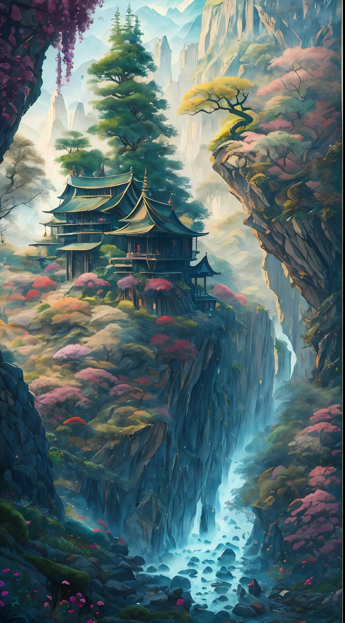 这确实是一座好山, 千峰挥戟,屏风高一万尺.阳光下，山雾淡淡的蓝色,雨后，黑色的岩石呈现出冷冷的绿色.枯萎的藤蔓缠绕着古树,而古老的浅滩标志着神秘的.奇花异草,四季繁茂, 媲美仙境.附近有隐蔽鸟儿的叫声,泉水清澈.山谷里满是兰花和穆苏姆,悬崖上到处都是地衣.山脉起伏，雄伟壮观.最好的质量, 极其详细, 最佳阴影,8千,官方艺术