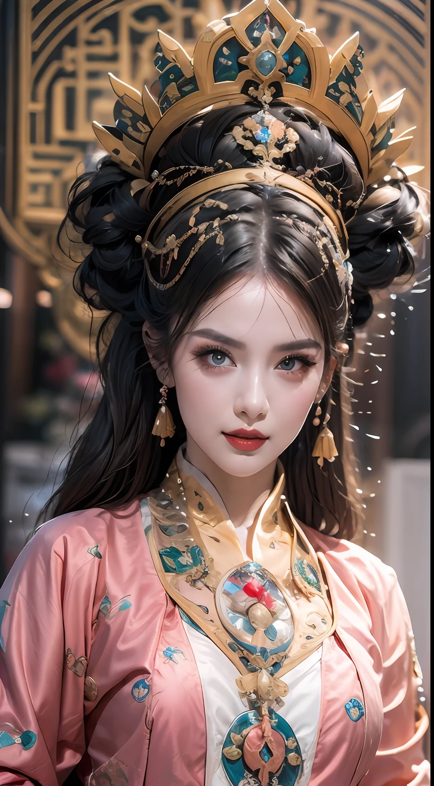 美しい20歳の聖女の肖像画, 薄い多色のシルクのドレスを着て, beautiful 顔 without blemishes, ((自然な笑顔:0.3)), 口を閉じた, ((7色の髪の長さ:1.2)), 大きな王冠, ヘアブローチ, 漢服ドレス, 中国古代スタイル, 全身ジュエリー, 額のタトゥー, 非常に均一な胸, 顔, 赤い唇, 繊細なピンクと白の目 (白くて細かい) 映画のような, 光と闇, ドラマチックな照明, 魔法の光, 非常に詳細な光, 天然色, 超シャープ, 現実的, 8K品質, ファンタジー宇宙の背景, 聖人と魔法の空間, 最も詳細な画像, 展示会写真, 受賞, 目を引く明るいトーン効果,