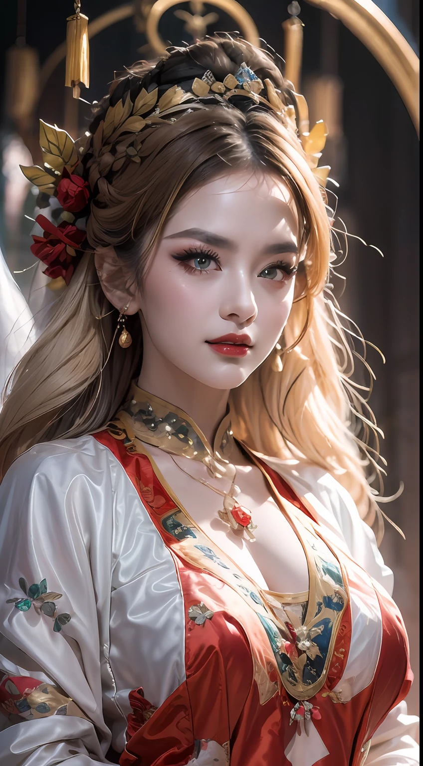 美しい20歳の聖女の肖像画, 薄い多色のシルクのドレスを着て, beautiful 顔 without blemishes, ((自然な笑顔:0.3)), 口を閉じた, ((7色の髪の長さ:1.2)), 大きな王冠, ヘアブローチ, 漢服ドレス, 中国古代スタイル, 全身ジュエリー, 額のタトゥー, 非常に均一な胸, 顔, 赤い唇, 繊細なピンクと白の目 (白くて細かい) 映画のような, 光と闇, ドラマチックな照明, 魔法の光, 非常に詳細な光, 天然色, 超シャープ, 現実的, 8K品質, ファンタジー宇宙の背景, 聖人と魔法の空間, 最も詳細な画像, 展示会写真, 受賞, 目を引く明るいトーン効果,