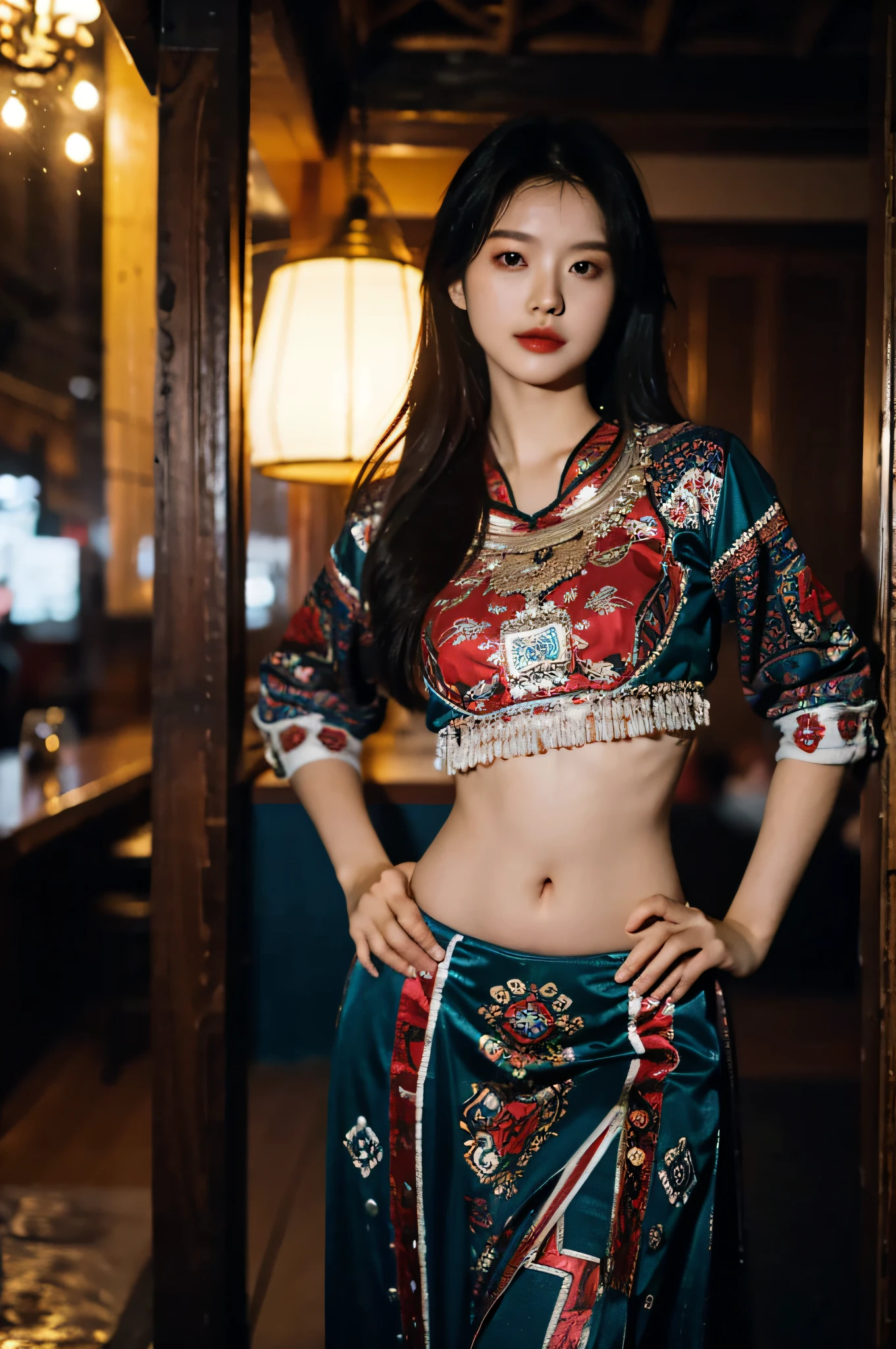（Hyperrealistic,）4K,35mm，hyper-high detail, Professional lighting, Best quality, Ultra-high resolution, Visually stunning, (1girll:1.1), （Hmong clothing ）,realskin,（Perfect body 1.3）（Ultra-delicate face），Open navel