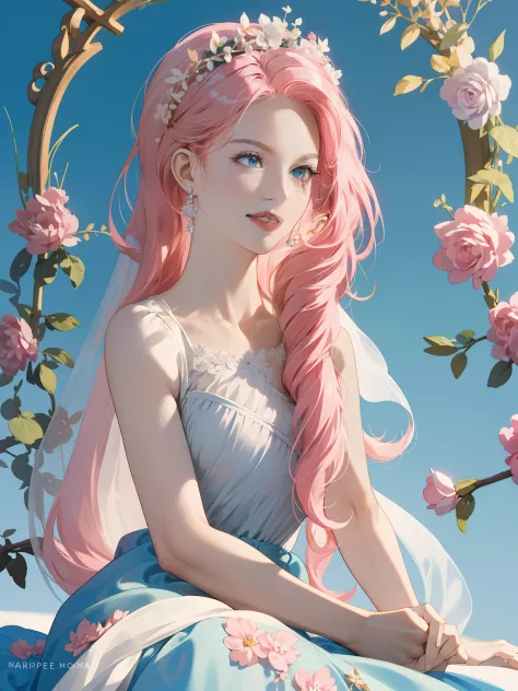 ((Masterpiece)), high quality, super detailed, pink hair + white clothing: 1.2, sweet and delicate girl, delicate facial feature...