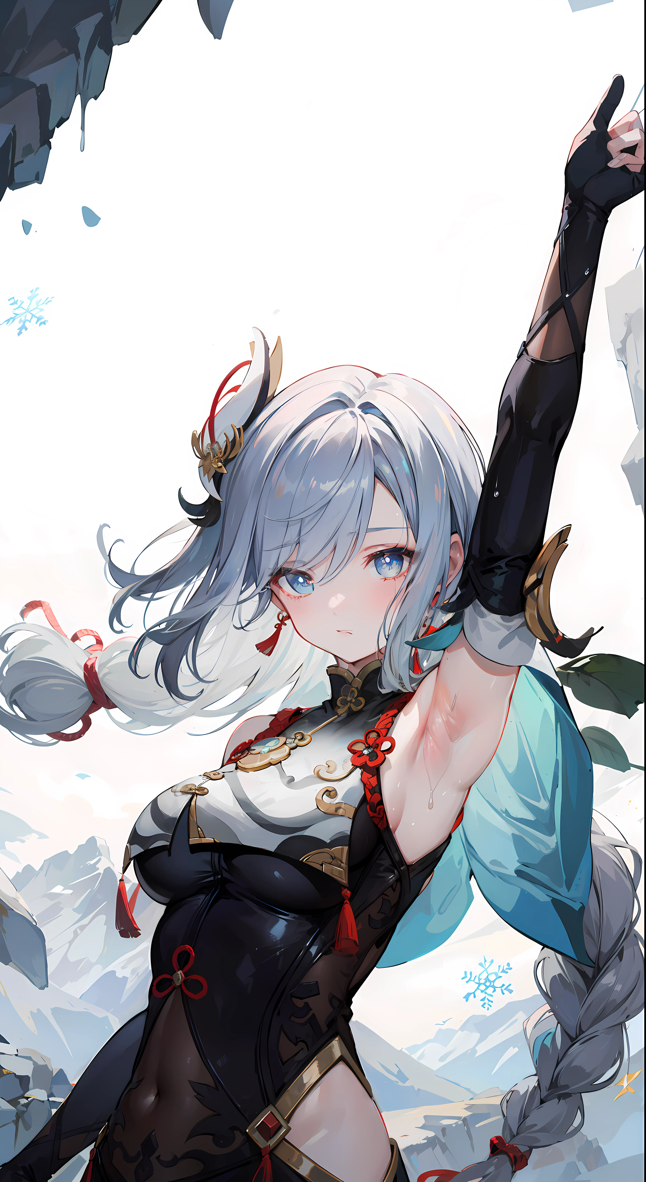 shenhedef, upper body, seductive look, blush, outdoors, snowflake scenery, looking at viewer, mountain, moody lighting, (perfect detail eyes:1.2), glowing eyes, (long hair one braid:1.2). wet armpit, exposing armpit, armpit pose, (Masterpiece, Best Quality, High Quality:1.4), professional artwork, Intricate Details, field of view, sharp focus, detailed painting, photorealistic lighting, trending on pixiv, (vivid lighting, vibrant colors:1.05), realistic shadows, ambient occlusion