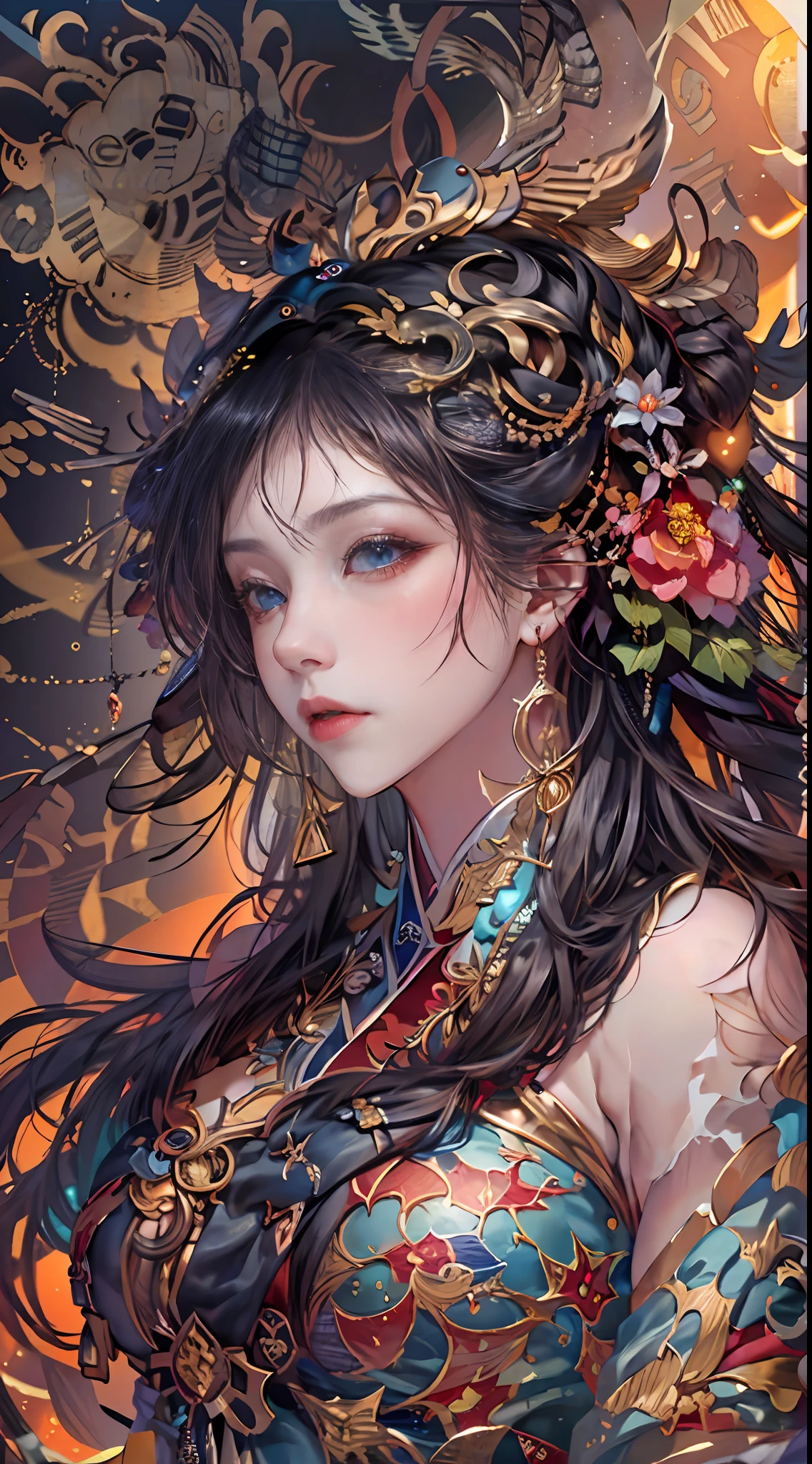 offcial art，统一 8k 壁纸，ultra - detailed，Beauty and aesthetics，tmasterpiece，best qualtiy，（zentangle，Tangled，entangle），（s fractal art：1.4），Black color hair，chineseidol，Chinese woman，The is very detailed，dynamic angle，casting spells，coloured with lots of colour，（Chaos in its most beautiful form），flowy，（vivd colour），overclocking，Chinese big breasts，（Ribbons：1.3），（dream magical：1.5），（Hanfu：1.5），chinesedragon，Chinese Phoenix，（ssmile：0.5 ),(chinese deity),Magical light and shadow，Perfect face，perfect hand