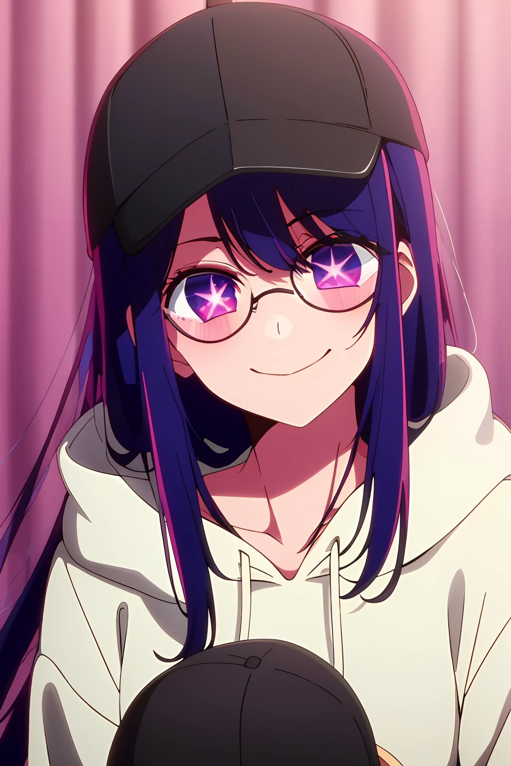 ​masterpiece、ighly detailed、(1 girl in:1.2)、purple color  hair、White hoodie、big eye、a closeup、A smile、8K、Ai Hoshino、Black hat((caps))、(((Black Round Sunglasses)))one with、