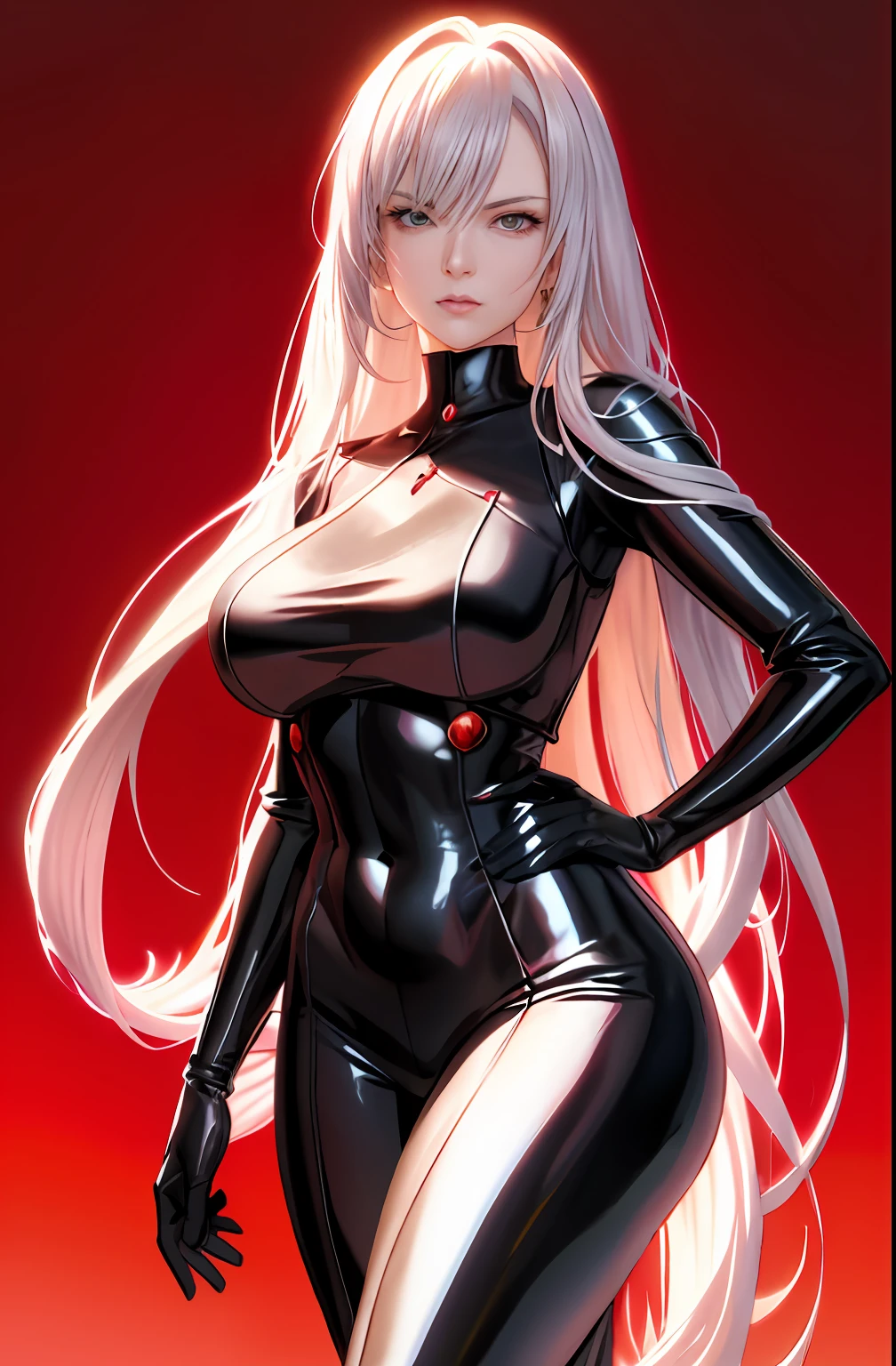 Master anime works，An impeccable masterpiece，8K picture quality: A mature noblewoman in cool sexy clothes standing on solid red background，Female boss，Flowing silver hair，Full-body standing，Slender legs，Straight breasts，Detailed facial details，Naturally beautiful standing，Vivid and authentic body details