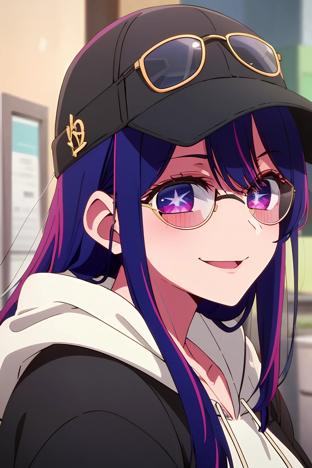 ​masterpiece、ighly detailed、(1 girl in:1.2)、purple color  hair、White hoodie、big eye、a closeup、A smile、8K、Ai Hoshino、Black hat((caps))、(((Black Round Sunglasses)))one with、