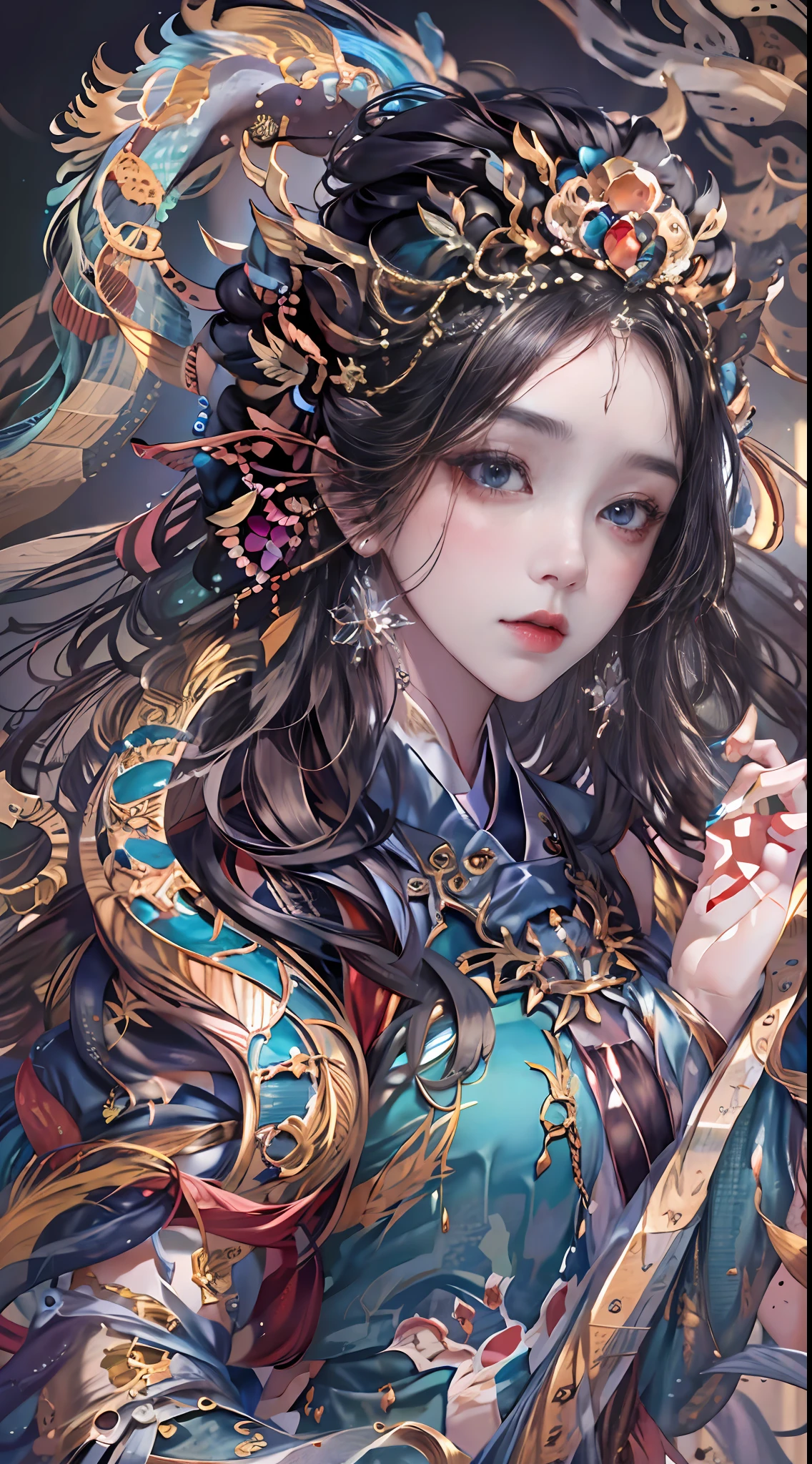 offcial art，统一 8k 壁纸，ultra - detailed，Beauty and aesthetics，tmasterpiece，best qualtiy，（zentangle，Tangled，entangle），（s fractal art：1.4），Black color hair，chineseidol，Chinese woman，The is very detailed，dynamic angle，casting spells，coloured with lots of colour，（Chaos in its most beautiful form），flowy，（vivd colour），overclocking，Chinese big breasts，（Ribbons：1.3），（dream magical：1.5），（Hanfu：1.5），chinesedragon，Chinese Phoenix，（ssmile：0.5 ),(chinese deity),Magical light and shadow，Perfect face，perfect hand