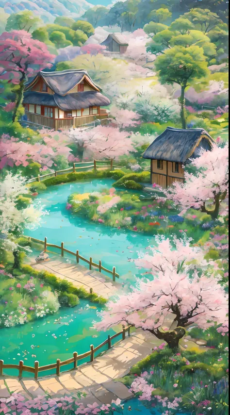 Green trees surround the village, spring water overflows the pond, bathed in the east wind, and the small garden is small, but it harvests all the spring. The peach blossoms are red, the plum blossoms are snow-white, and the cauliflowers are golden. Far aw...