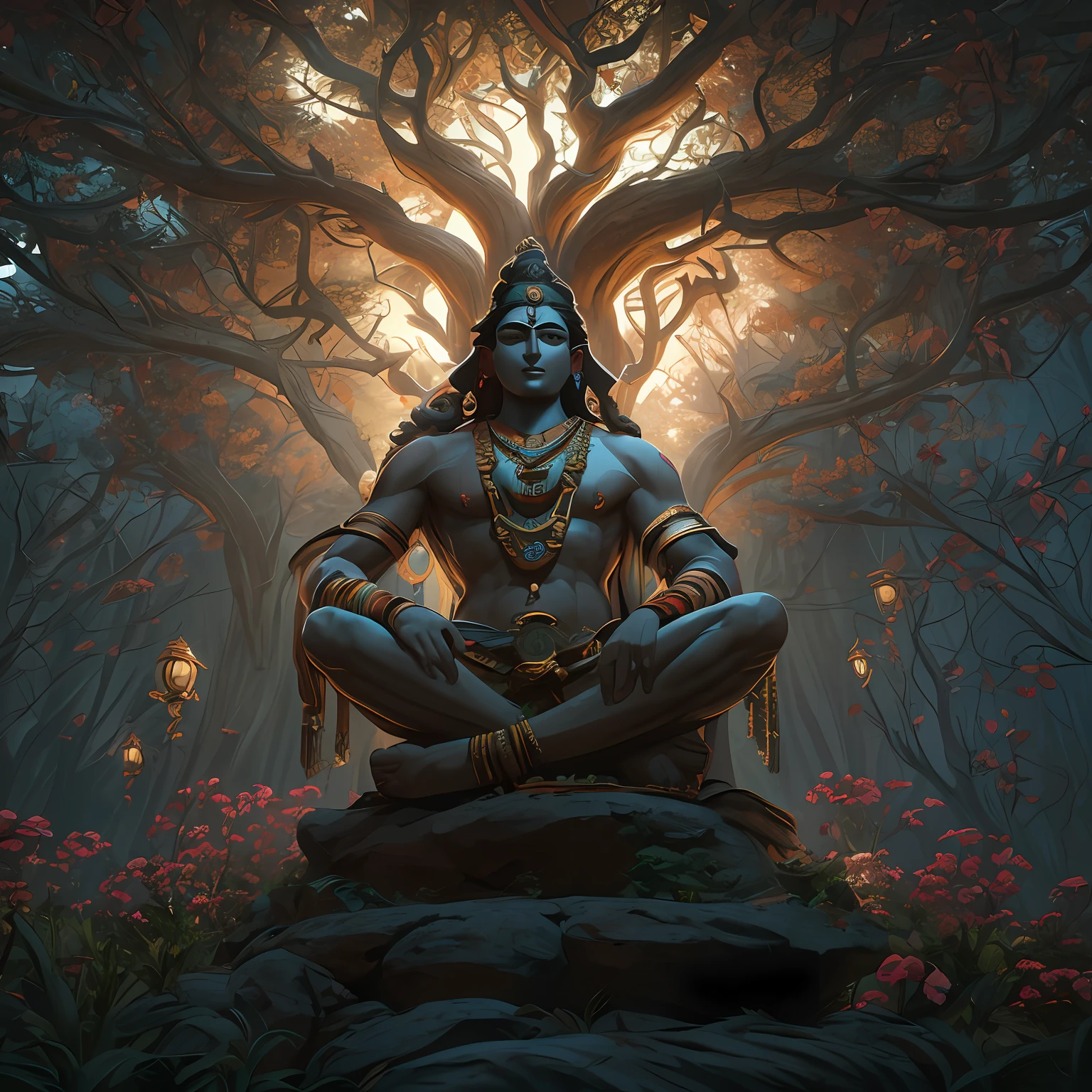 Lord Shiva, meditating under a divine, mysterious tree , among other indian sadhus, moody, Dramatic lighting, masterpiece,8k,unreal engine 5, hindu mythology, God, Divine,masterpiece, 8k resolution, dark fantasy concept art, by Greg
Rutkowski, dynamic lighting, hyper detailed, intricately detailed, trending on Artstation, deep color, Unreal Engine,volumetric lighting, Alphonse Mucha, Jordan Grimmer.