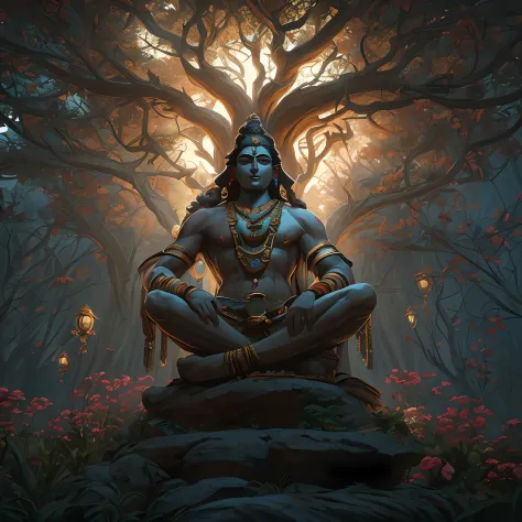 lord shiva, meditating under a divine, mysterious tree , among other indian sadhus, moody, dramatic lighting, masterpiece,8k,unr...