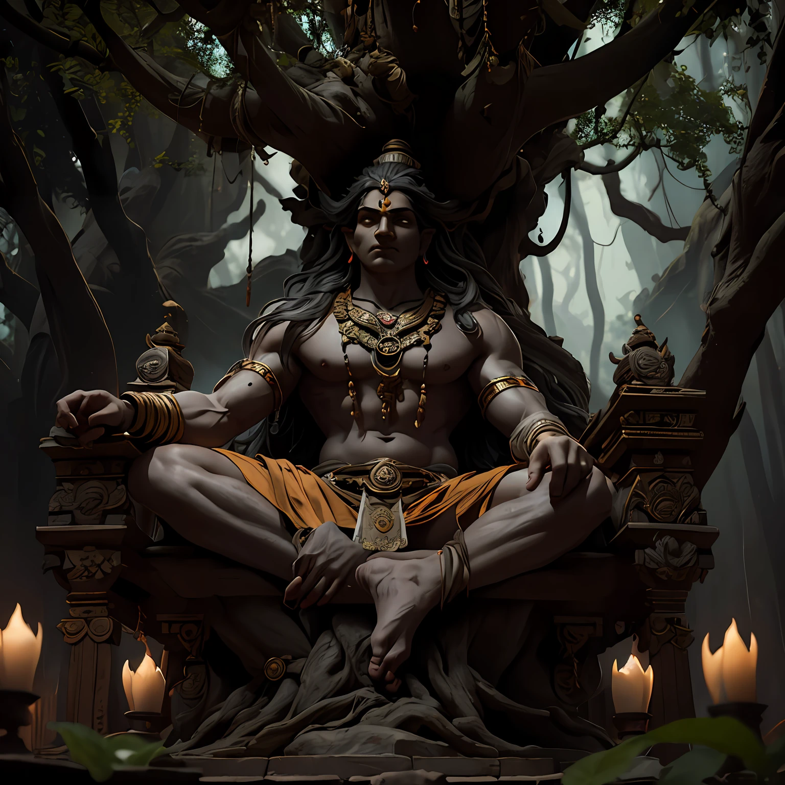 Lord Shiva, meditating under a divine, mysterious tree , among other indian sadhus, moody, Dramatic lighting, masterpiece,8k,unreal engine 5, hindu mythology, God, Divine,masterpiece, 8k resolution, dark fantasy concept art, by Greg
Rutkowski, dynamic lighting, hyper detailed, intricately detailed, trending on Artstation, deep color, Unreal Engine,volumetric lighting, Alphonse Mucha, Jordan Grimmer.