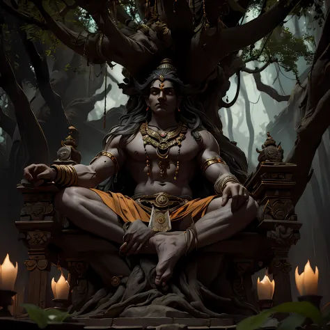 Lord Shiva, meditating under a divine, mysterious tree , among other indian sadhus, moody, Dramatic lighting, masterpiece,8k,unr...