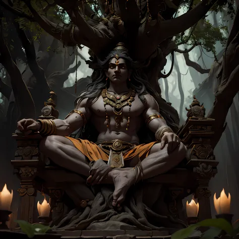 lord shiva, meditating under a divine, mysterious tree , among other indian sadhus, moody, dramatic lighting, masterpiece,8k,unr...