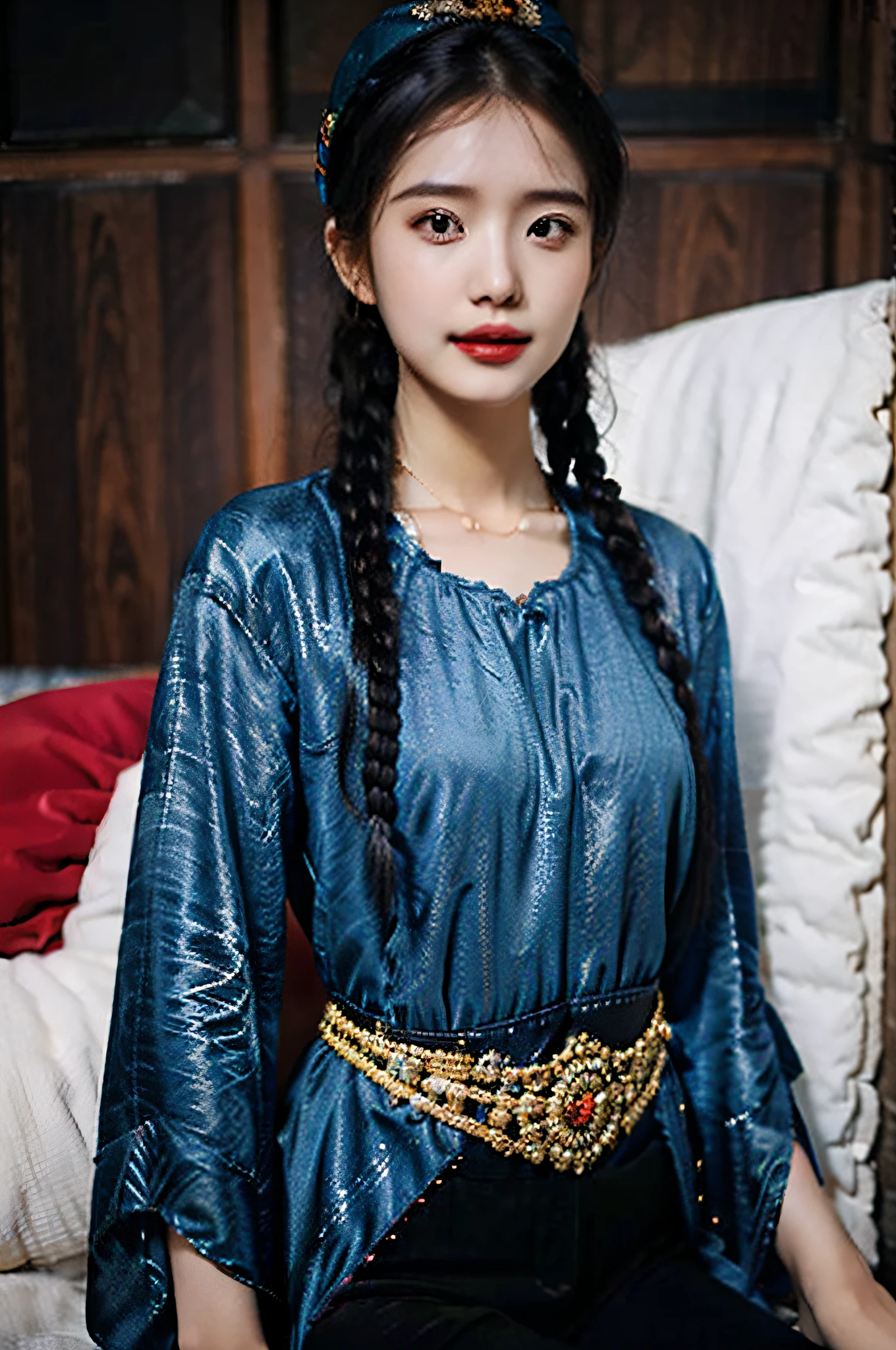 （Hyperrealistic,）4K,35mm，hyper-high detail, Professional lighting, Best quality, 超高分辨率, Visually stunning, (1girll:1.1), （Uyghur clothing ）,realskin,（Perfect body 1.3）（Ultra-delicate face）