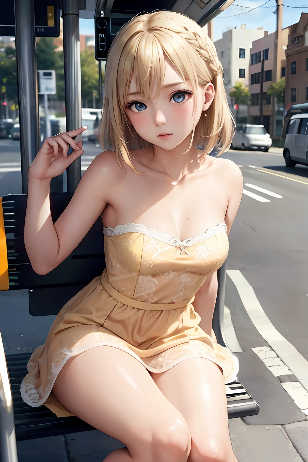 1girll,Light orange lace strapless dress， blond hairbl,  sat on the ground, Wait for the bus, Bus stop, urban backdrop, perfect  eyes, perfect hand, Ultra-high resolution, Movie Angle, Professional lighting, best qualtiy, tmasterpiece, Sideslit, Sharp, Perfect focus，Background bokeh，realisticlying，（Delicate eyes：1.3），realisticlying，（3D Face：1.1），（Glow skin：1.5），（Ultra-high resolution complex facial details），（Facial skin pores：1.3），Ultra-high ress fabric texture，8k eye details，8K pupils，