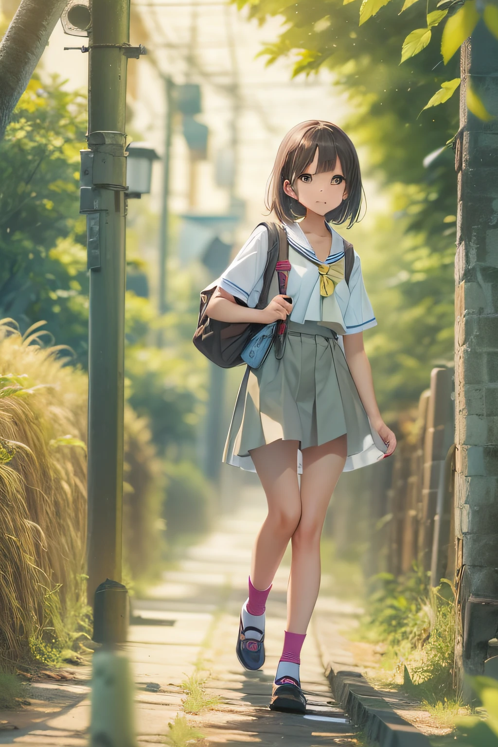 1 High School Girl、summer clothing、Going to school on the rice field road