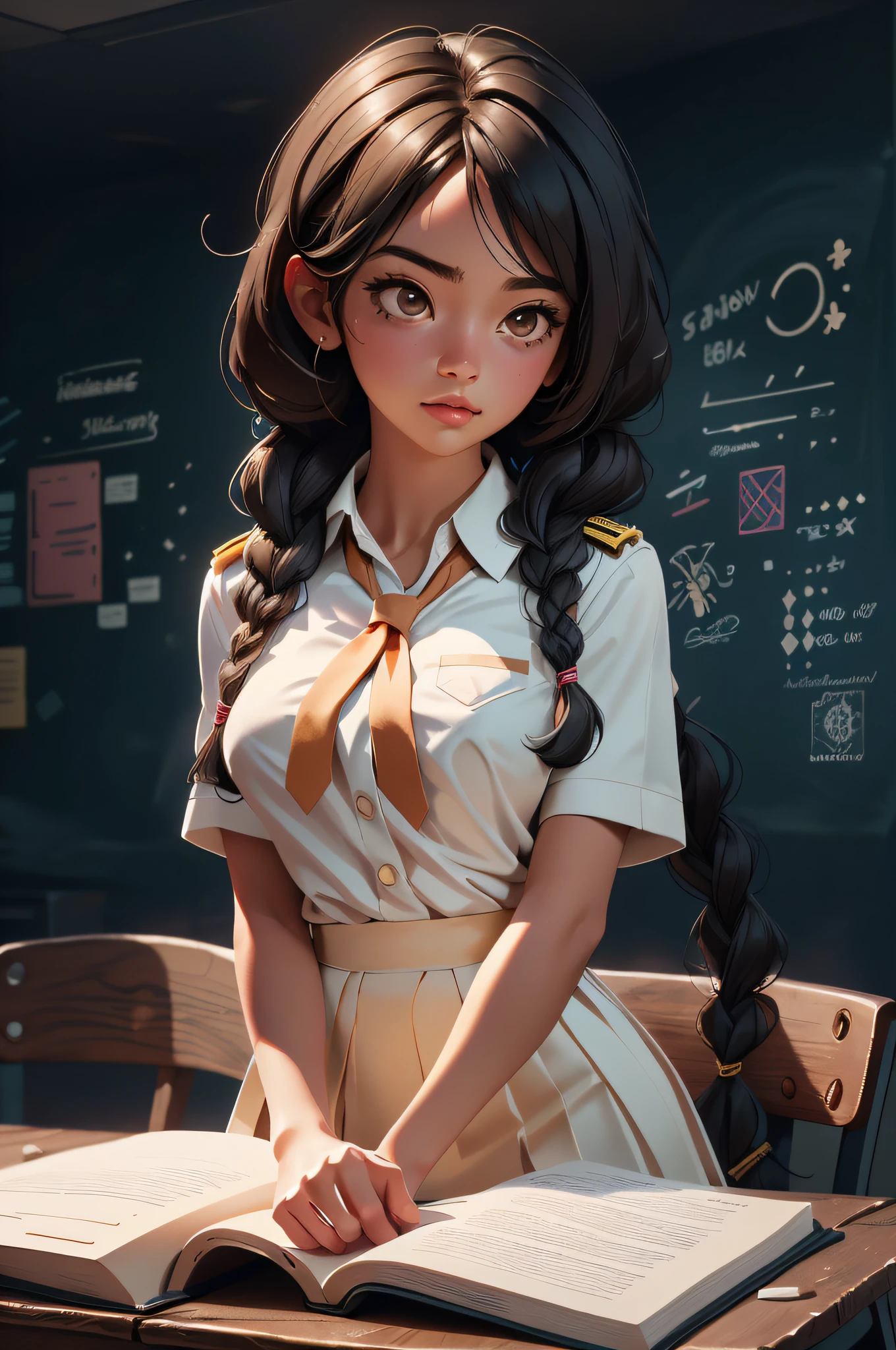 school girl, long two braids hair, lots of black hair, floating hair, siting on school table, wearing sri lankan school full white uniform, hands on chest , holdings lots of books, dirty classroom background, 10 students in background, focusing girl, high detailed body , high detailed skin, high detailed uniform, high detailed face, high detailed eye, color full, natural colors, sun shadow, perfect shadows, 8k, sun shadow, movie lightning, 8k, RAW photo, best quality, masterpiece, high detail RAW color photo, dramatic lighting, cinematic lighting, back light, professional lighting, detailed face, full body, girl focusing