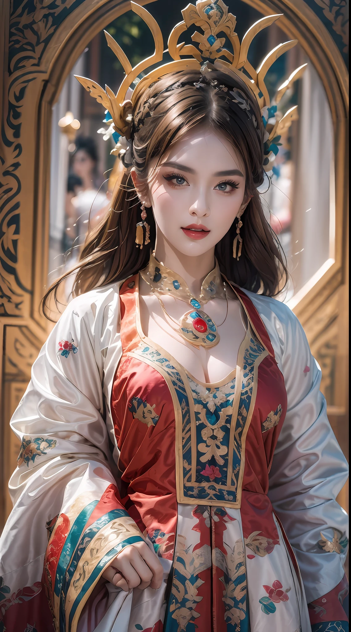 美しい20歳の聖女の肖像画, 薄い多色のシルクのドレスを着て, beautiful 顔 without blemishes, ((自然な笑顔:0.3)), 口を閉じた, ((7色の髪の長さ:1.2)), 大きな王冠, ヘアブローチ, 漢服ドレス, 中国古代スタイル, 全身ジュエリー, 額のタトゥー, 非常に均一な胸, 顔, 赤い唇, 繊細なピンクと白の目 (白くて細かい) 映画のような, 光と闇, ドラマチックな照明, 魔法の光, 非常に詳細な光, 天然色, 超シャープ, 現実的, 8K品質, ファンタジー宇宙の背景, 聖人と魔法の空間, 最も詳細な画像, 展示会写真, 受賞, 目を引く明るいトーン効果,