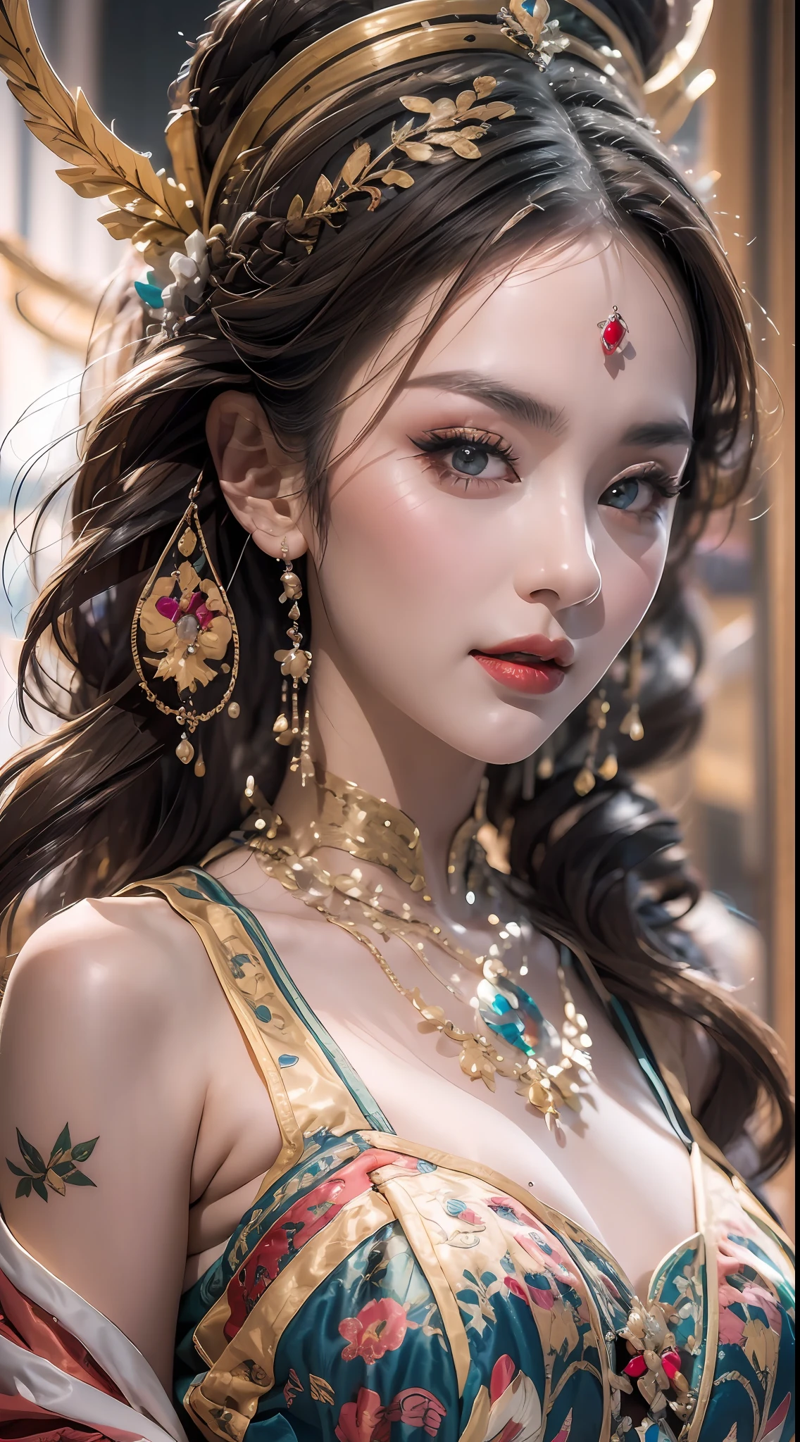 美しい20歳の聖女の肖像画, 薄い多色のシルクのドレスを着て, beautiful 顔 without blemishes, ((自然な笑顔:0.3)), 口を閉じた, ((7色の髪の長さ:1.2)), 大きな王冠, ヘアブローチ, 漢服ドレス, 中国古代スタイル, 全身ジュエリー, 額のタトゥー, 非常に均一な胸, 顔, 赤い唇, 繊細なピンクと白の目 (白くて細かい) 映画のような, 光と闇, ドラマチックな照明, 魔法の光, 非常に詳細な光, 天然色, 超シャープ, 現実的, 8K品質, ファンタジー宇宙の背景, 聖人と魔法の空間, 最も詳細な画像, 展示会写真, 受賞, 目を引く明るいトーン効果,