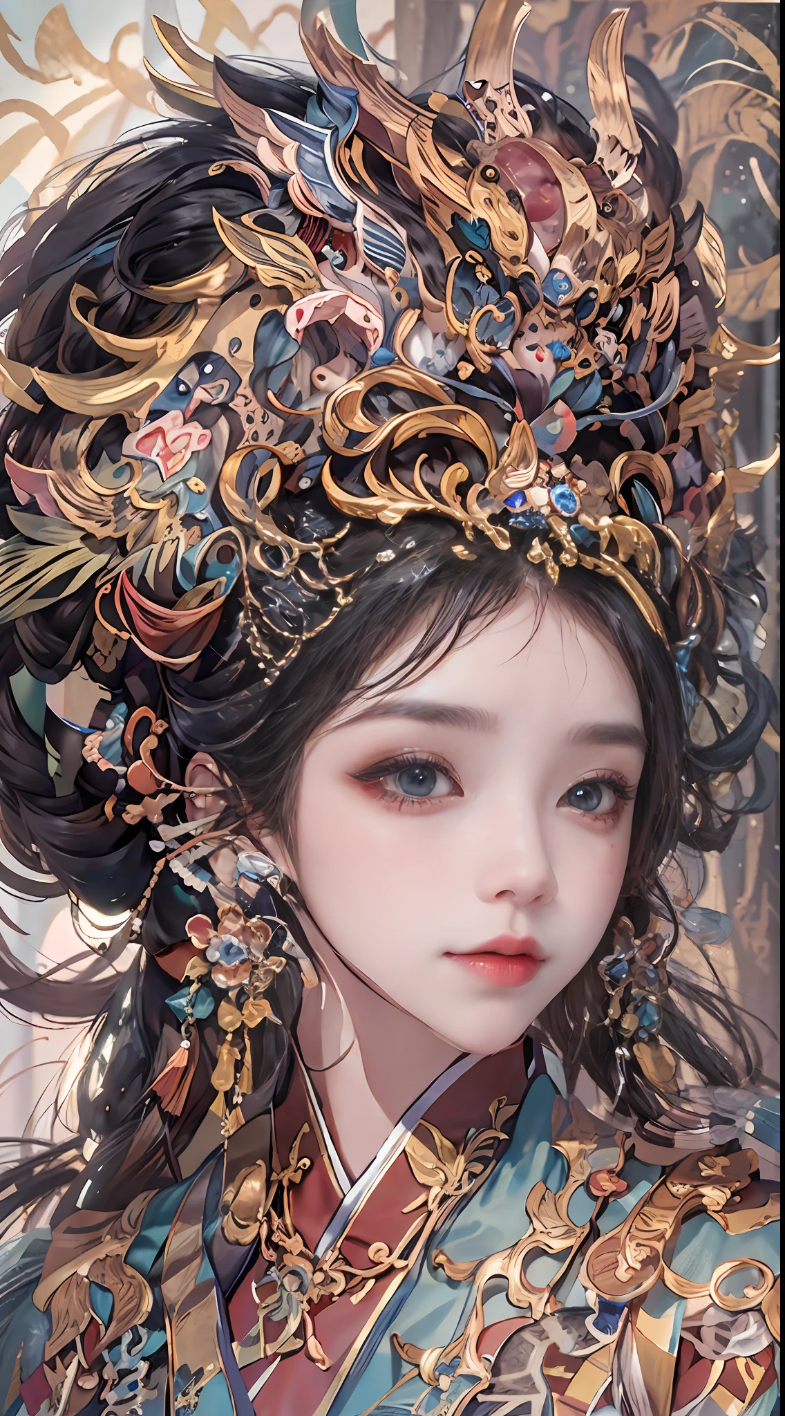 offcial art，统一 8k 壁纸，ultra - detailed，Beauty and aesthetics，tmasterpiece，best qualtiy，（zentangle，Tangled，entangle），（s fractal art：1.4），Black color hair，chineseidol，Chinese woman，The is very detailed，dynamic angle，casting spells，coloured with lots of colour，（Chaos in its most beautiful form），flowy，（vivd colour），overclocking，Chinese big breasts，（Ribbons：1.3），（dream magical：1.5），（Hanfu：1.5），chinesedragon，Chinese Phoenix，（ssmile：0.5 ),(chinese deity),Magical light and shadow，Perfect face，perfect hand