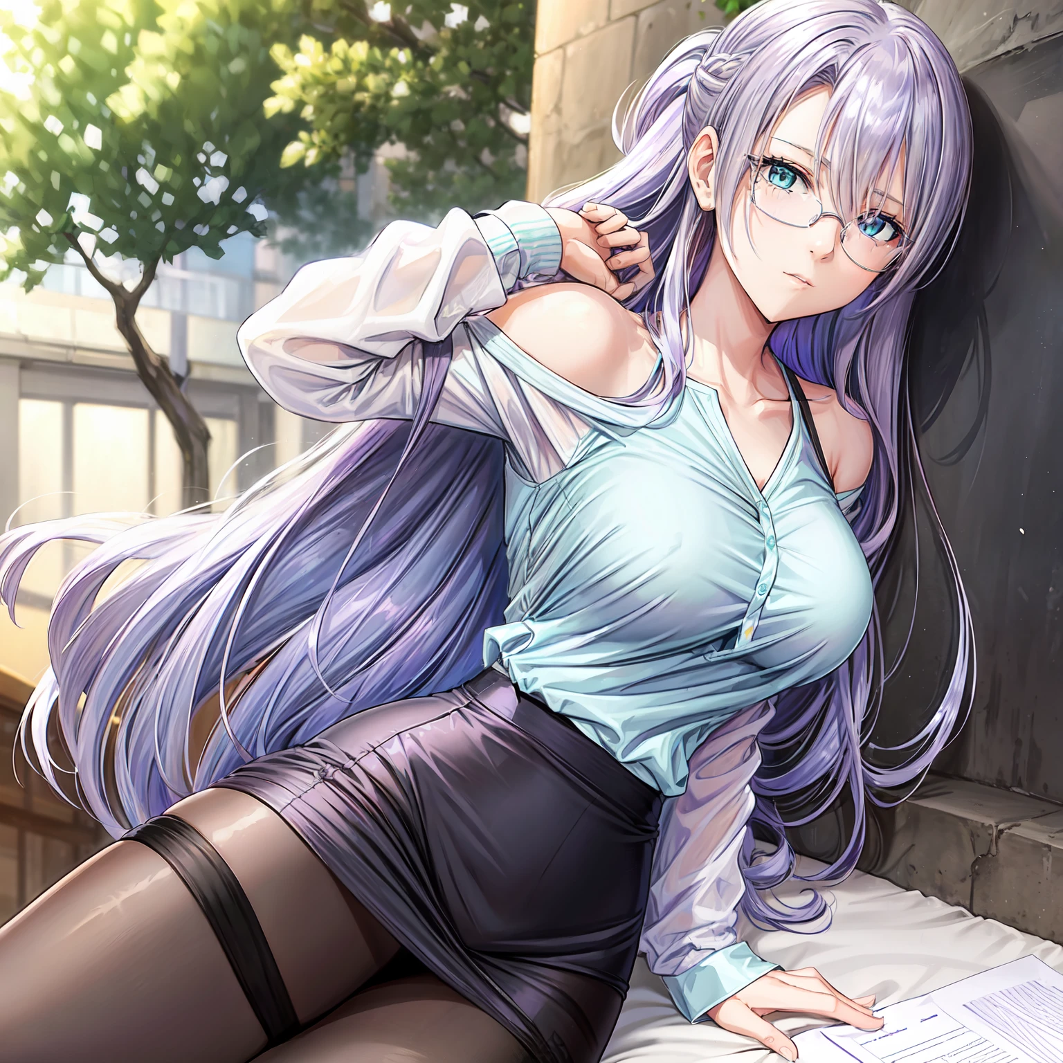 1 girl, lavender hair, long hair, lavender mature half updo, bangs hanging on the left side shoulder length hair strands hanging on either side tucked behind ears, light blue green eyes, Women's rimless glasses, large breast, white tight shirt, unbottened shirt, pencil skirt, pair black stocking, outdoor