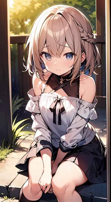 (top-quality、32K image quality、​masterpiece、nffsw:1.2)、a cute loli、Medium short hair、short braiding、beauitful face、(Slouched:1.3)、at the sunset、crouching down、(From  above:1.3)、(a closeup:1.4)、small curvy loli、((You can see the chest))、Bust Up Perspective、...