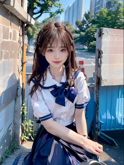 Shoot Bob Hair、high school girls、(((Summer School Uniform)))、white shirts、Blue striped tie、Short sleeve、Dark blue prill skirt、Wa...