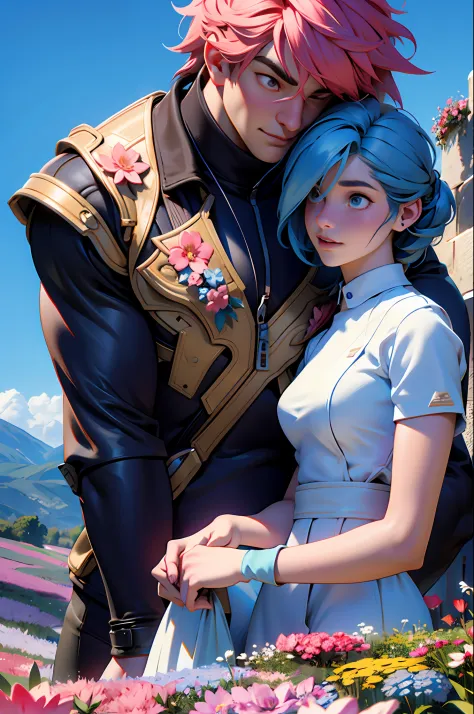 A boy and a girl, (lovers), bara stocky boy and skinny girl, on a hill full of flowers, under the blue sky, masterpiece, 8k, high resolution, popular on art station, ultra details, hyper realistic, professional lighting