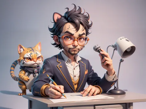 A young man in a suit, Short hair and glasses sat at his desk，holding laptop，digitial painting，tigre，3D character design by Mark...