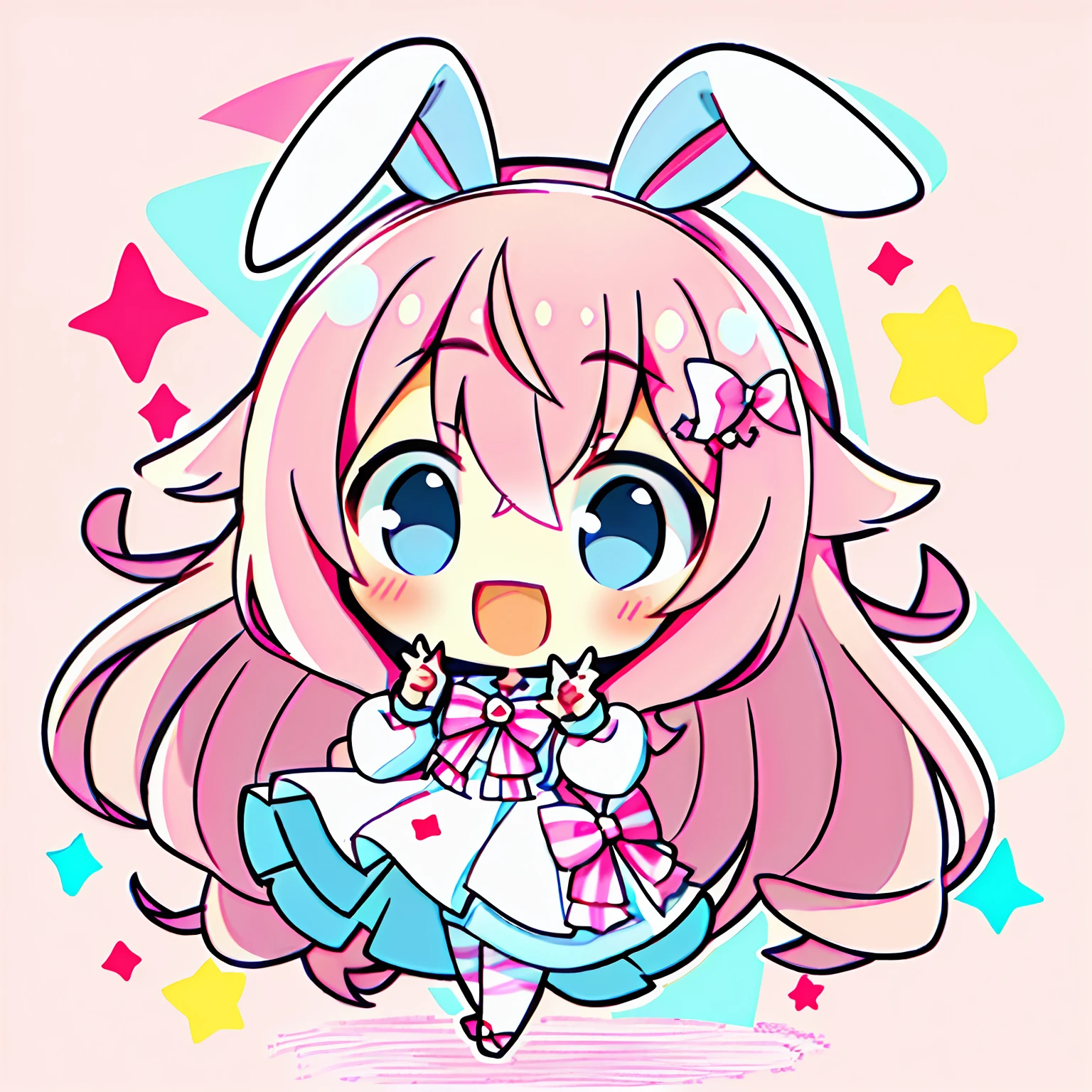 chibi、1 fille dans, oreilles d&#39;animaux, cheveux roses, cheveux longs, Lapin, bouche ouverte, sourire, Lapin ears, arc, seulement, fond blanc, dress, collants, des murs, yeux bleus, regarder le spectateur, :d, Tout le corps, fond simple, vernis à ongle, rayé, holding, bras levé, Hair arc, manches longues, manches bouffantes, Chaussures aquatiques, chaussures, chaussures bleues, sauter, animal, Rougir, losanges, étoile (symbole), tenant la baguette, Cheveux très longs, ruban arc,