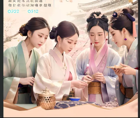 hanfu three women look at jewelry together, (gorgeous hanfu，rich details​:1.5), wearing ancient chinese clothes, promotional mov...