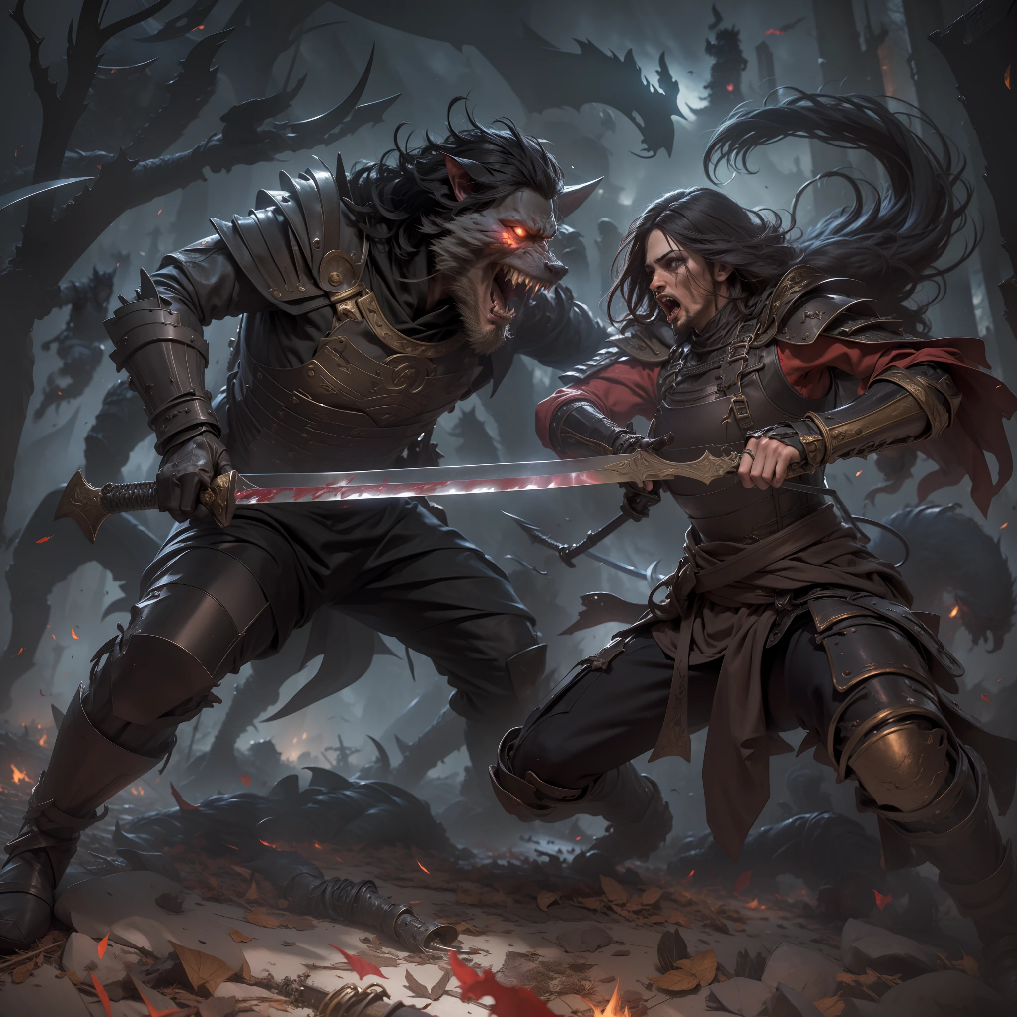 two characters, fighting, 1 Shadowhunter, 1 werewolf, claws, fangs, open mouth, beard, detailed face, bloody face, full body tattoo, necromancy, witch, armor, sword, scythe, combat, attack, detailed image, best quality, full body: 1.2, battlefield scene