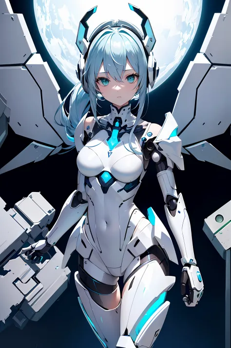 top quality, Masterpiece, fine detail, ultra precision, very delicate 8k wallpaper, robot girl, (long blue hair), (white mechani...