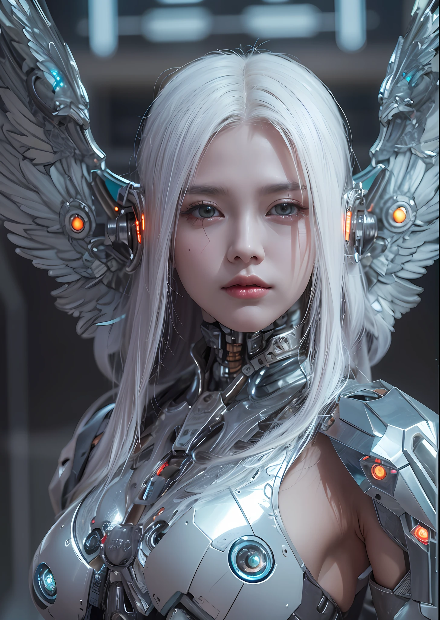 top-quality、​masterpiece、超A high resolution、(Photorealsitic:1.4)、Raw photo、Battle Cyborg Angel、large wings made of metal、White porcelain body、Acrylic Clear Cover、white  hair、glowy skin、1 Cyborg Girl、((super realistic details))、portlate、globalillumination、Shadow、octan render、8K、ultrasharp、character edge light,Colossal 、Raw skin is exposed in cleavage、Details of complex ornaments、Sumerian details、Hydraulic cylinder、Small LED lamp、highly intricate detail、Realistic light、a purple eye、radiant eyes、Facing the camera、neon details、cowboy  shot、Futuristic headgear、About Cyberpunk、、
