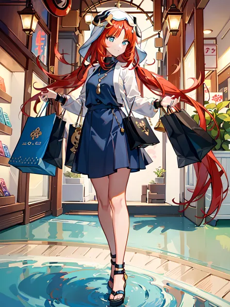 nilou_genshin, (long_hair), An adorable illustration of Nilou shopping in a casual clothes mini market. With a joyful expression...