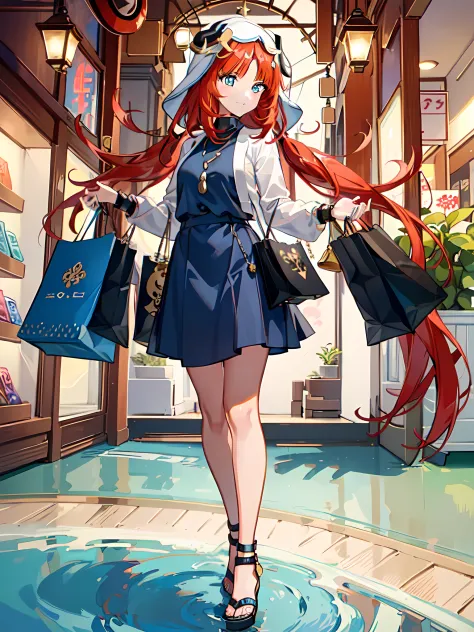 nilou_genshin, (long_hair), an adorable illustration of nilou shopping in a casual clothes mini market. with a joyful expression...