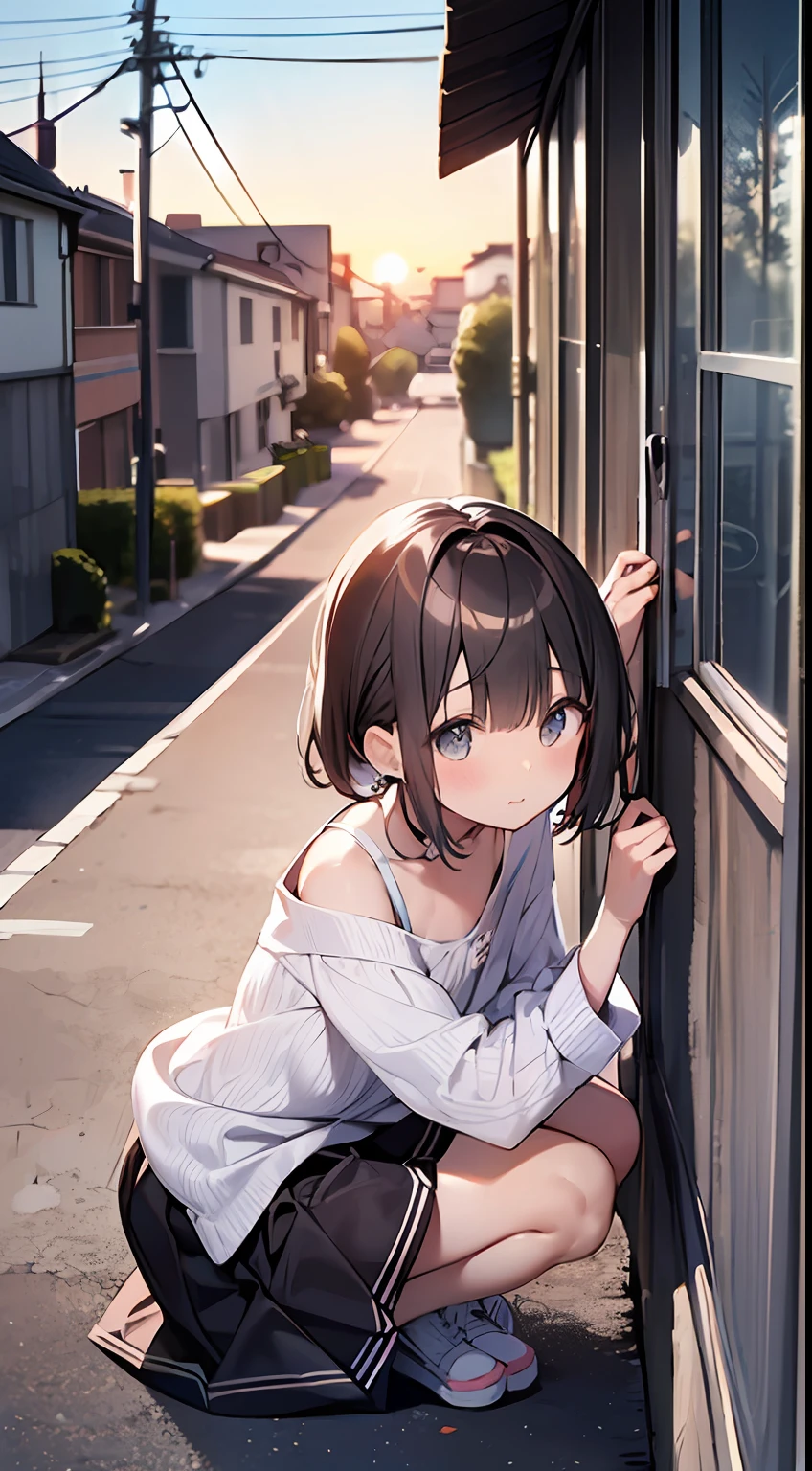 (top-quality、32K image quality、​masterpiece、nffsw:1.2)、a cute loli、Medium short hair、short braiding、beauitful face、Ultra-detailed details、(Slouched:1.3)、at the sunset、crouching down、(From  above:1.3)、(a closeup:1.4)、small curvy loli、((You can see the chest))、Bust Up Perspective、Loose baggy big shirt、(beautiful nipple slips:0.9)、outside of house、the wind、shinny skin、blurry backround