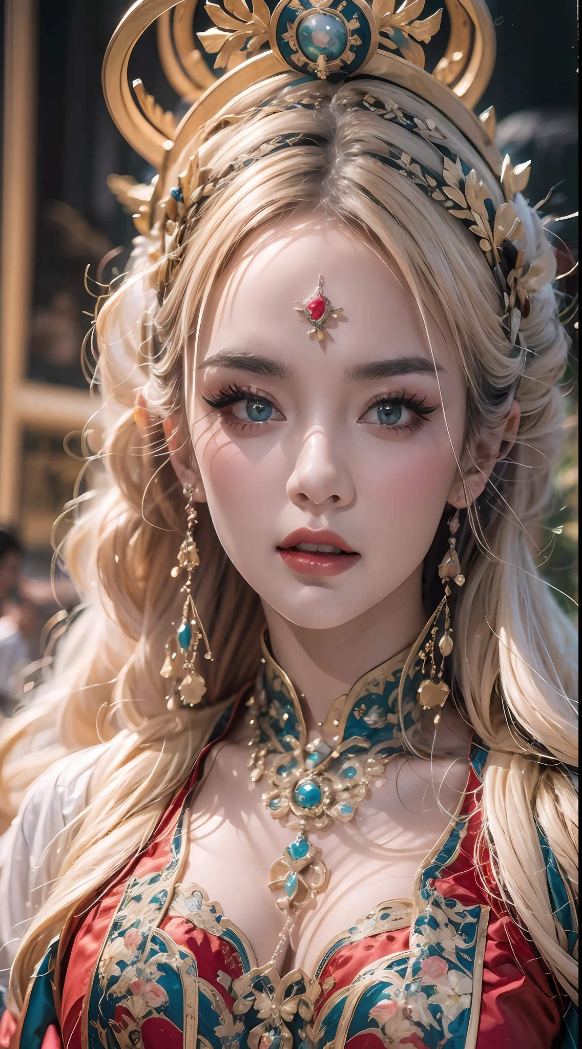 portrait of a beautiful 20 year old holy woman, wearing a thin multicolored silk dress, beautiful face without blemishes, ((natural smile:0.3)), Mouth closed, ((7-color hair length:1.2)), big crown, hair brooch, hanfu dress, chinese ancient style, full body jewelry, forehead tattoo, super even chest, face, red lips, delicate pink and white eyes (white and detailed) cinematic, light and dark, dramatic lighting, magical light, extremely detailed light, true color, super sharp, realistic, 8k quality, fantasy universe background, saints and magical space, the most detailed images, Exhibition photo, awarded, Eye-catching bright tone effect,