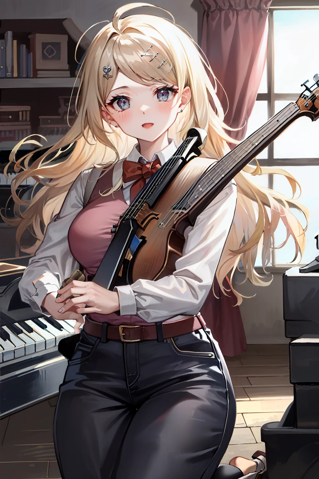 Anime girl with long blonde hair holding a guitar and a piano - SeaArt AI