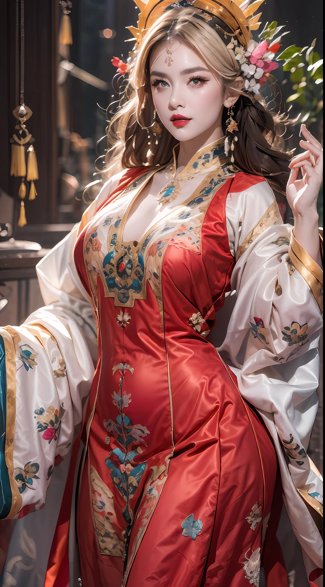 retrato de uma linda mulher santa de 20 anos, usando um vestido fino de seda multicolorida, beautiful Face without blemishes, ((Sorriso natural:0.3)), Boca fechada, ((Comprimento de cabelo de 7 cores:1.2)), Coroa Grande, broche de cabelo, vestido hanfu, Estilo antigo chinês, jóias de corpo inteiro, tatuagem na testa, peito super uniforme, Face, lábios vermelhos, delicados olhos rosa e brancos (branco e detalhado) cinematic, claro e escuro, iluminação dramática, luz mágica, luz extremamente detalhada, Cor Verdadeira, super afiado, realista, Qualidade 8k, Fundo do universo de fantasia, santos e espaço mágico, as imagens mais detalhadas, Foto da exposição, Premiado, Efeito de tom brilhante atraente,