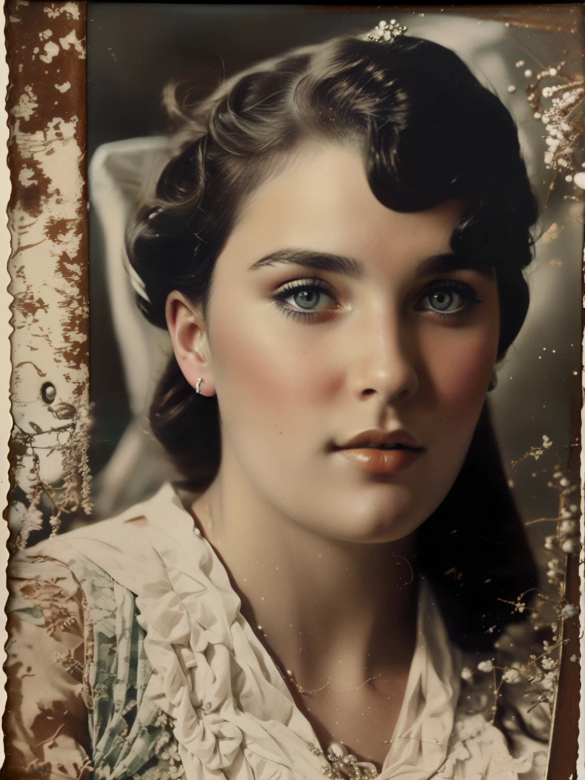 A woman IN a white shirt and a hazy background, an old gritty atmosphere, realistic, intricate details, true skin texture, front portrait, autochrome pearl portrait, close-up vintage photography, Inspired by Araquém Alcântara, Realistic antique photography, young woman photo, photography portrait, color studio portrait, center frame portrait, Portrait of a woman, modelshoot style, Analog style, 1960's ANALOG CAMERA