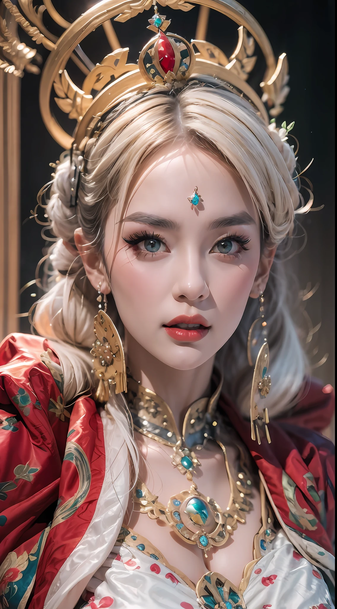 portrait of a beautiful 20 year old holy woman, wearing a thin multicolored silk dress, beautiful face without blemishes, ((natural smile:0.3)), Mouth closed, ((7-color hair length:1.2)), big crown, hair brooch, hanfu dress, chinese ancient style, full body jewelry, forehead tattoo, super even chest, face, red lips, delicate pink and white eyes (white and detailed) cinematic, light and dark, dramatic lighting, magical light, extremely detailed light, true color, super sharp, realistic, 8k quality, fantasy universe background, saints and magical space, the most detailed images, Exhibition photo, awarded, Eye-catching bright tone effect,